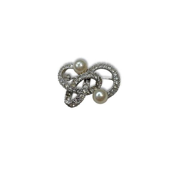 Ciner Silver Tone Abstract Knot Brooch Crystal Faux Pearls Vintage - Picture 1 of 11